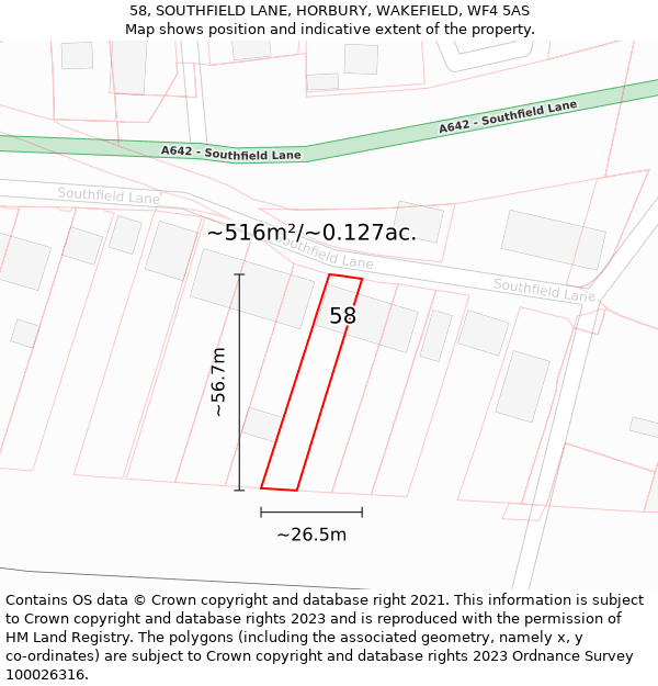 58, SOUTHFIELD LANE, HORBURY, WAKEFIELD, WF4 5AS: Plot and title map