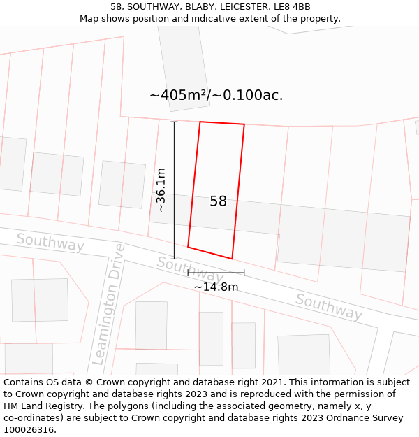 58, SOUTHWAY, BLABY, LEICESTER, LE8 4BB: Plot and title map