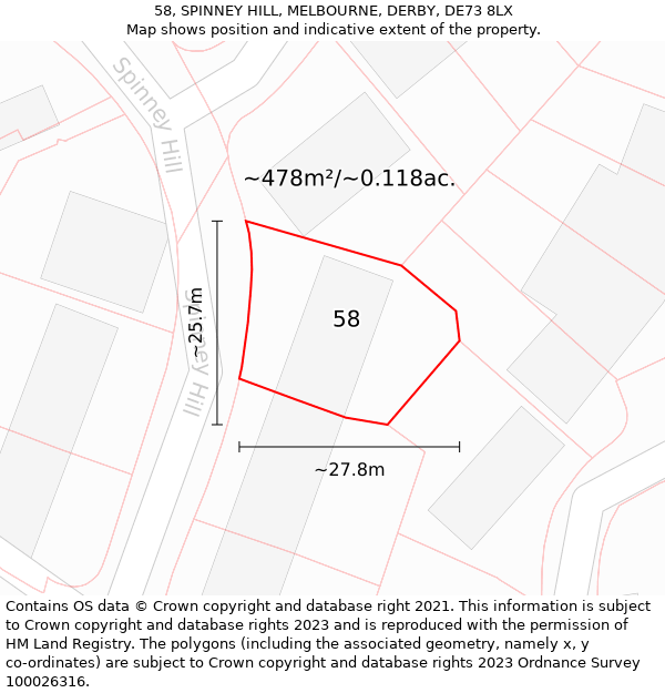 58, SPINNEY HILL, MELBOURNE, DERBY, DE73 8LX: Plot and title map