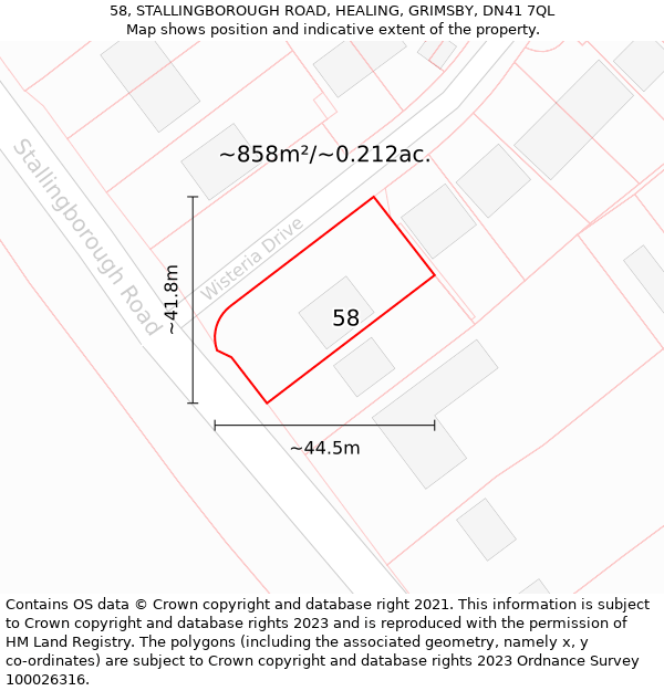 58, STALLINGBOROUGH ROAD, HEALING, GRIMSBY, DN41 7QL: Plot and title map