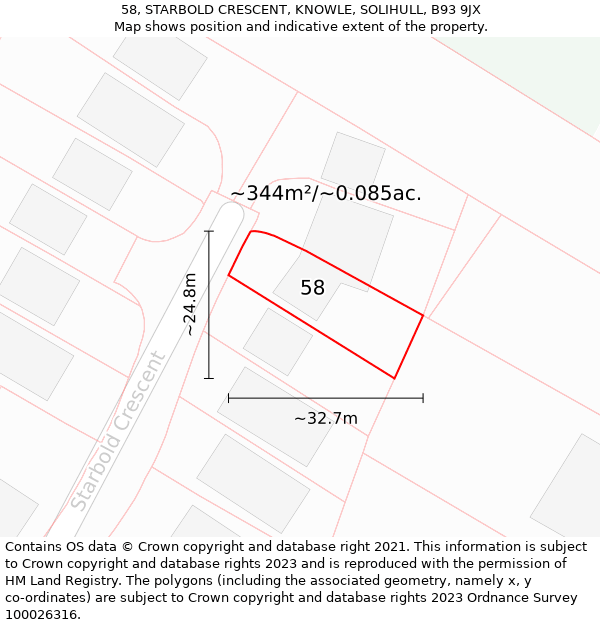 58, STARBOLD CRESCENT, KNOWLE, SOLIHULL, B93 9JX: Plot and title map