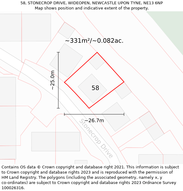 58, STONECROP DRIVE, WIDEOPEN, NEWCASTLE UPON TYNE, NE13 6NP: Plot and title map
