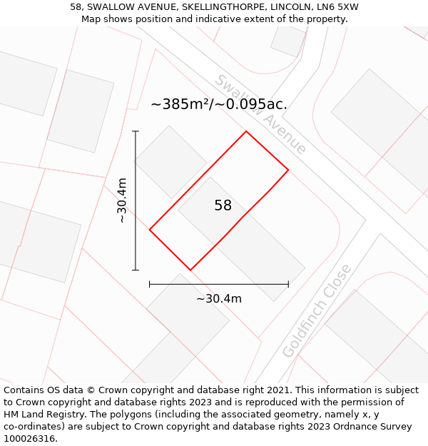 58, SWALLOW AVENUE, SKELLINGTHORPE, LINCOLN, LN6 5XW: Plot and title map