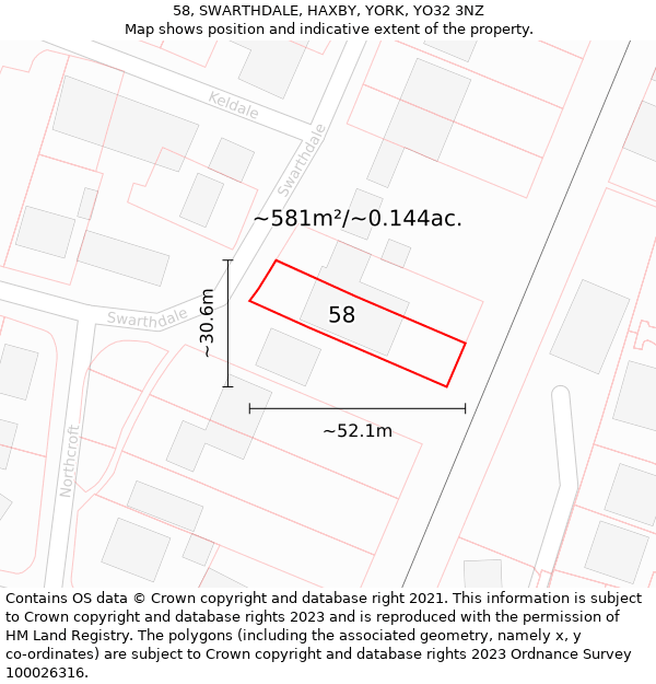 58, SWARTHDALE, HAXBY, YORK, YO32 3NZ: Plot and title map