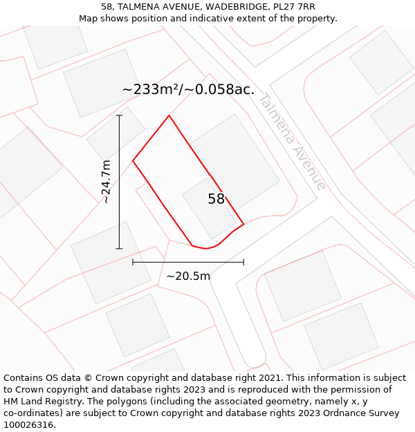 58, TALMENA AVENUE, WADEBRIDGE, PL27 7RR: Plot and title map