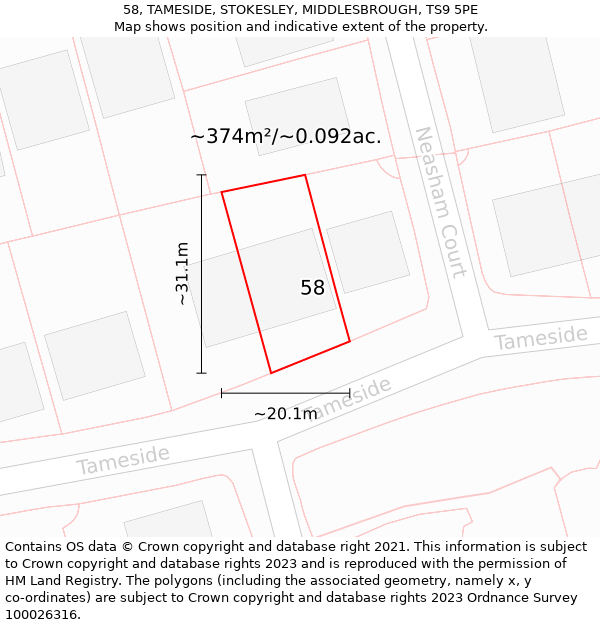 58, TAMESIDE, STOKESLEY, MIDDLESBROUGH, TS9 5PE: Plot and title map