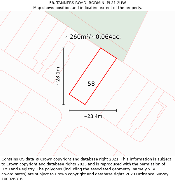 58, TANNERS ROAD, BODMIN, PL31 2UW: Plot and title map
