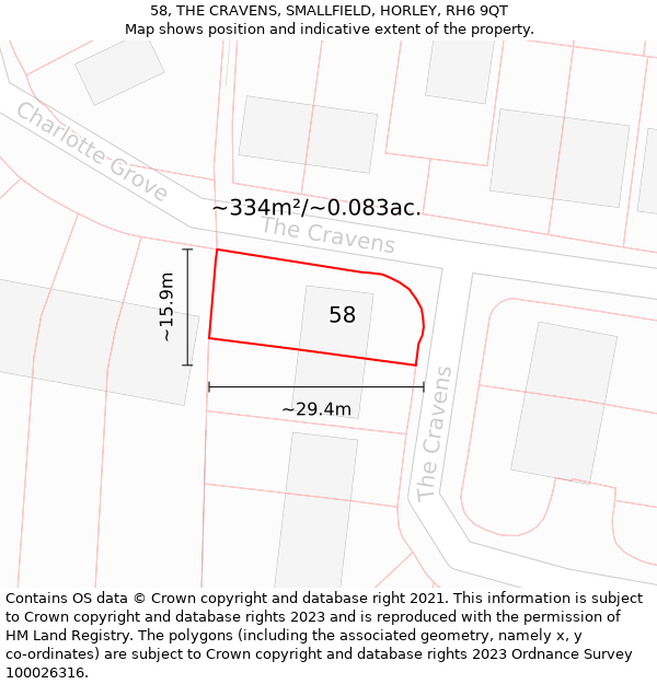 58, THE CRAVENS, SMALLFIELD, HORLEY, RH6 9QT: Plot and title map