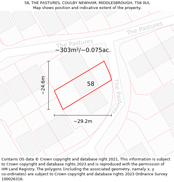 58, THE PASTURES, COULBY NEWHAM, MIDDLESBROUGH, TS8 0UL: Plot and title map