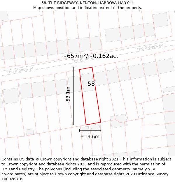 58, THE RIDGEWAY, KENTON, HARROW, HA3 0LL: Plot and title map