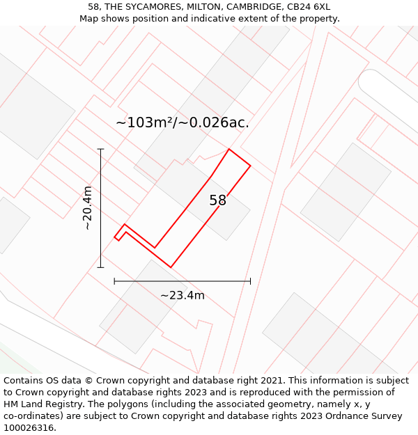 58, THE SYCAMORES, MILTON, CAMBRIDGE, CB24 6XL: Plot and title map