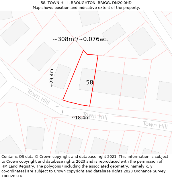 58, TOWN HILL, BROUGHTON, BRIGG, DN20 0HD: Plot and title map