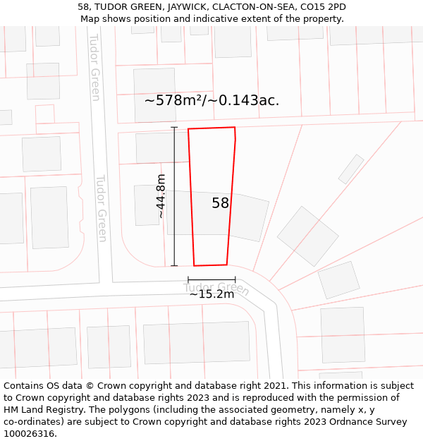 58, TUDOR GREEN, JAYWICK, CLACTON-ON-SEA, CO15 2PD: Plot and title map