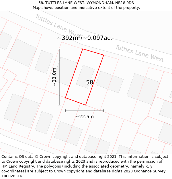 58, TUTTLES LANE WEST, WYMONDHAM, NR18 0DS: Plot and title map