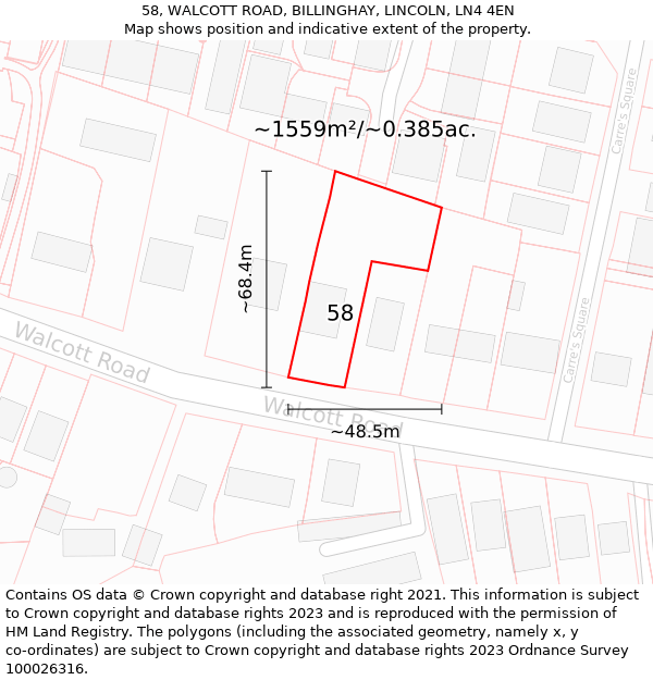 58, WALCOTT ROAD, BILLINGHAY, LINCOLN, LN4 4EN: Plot and title map