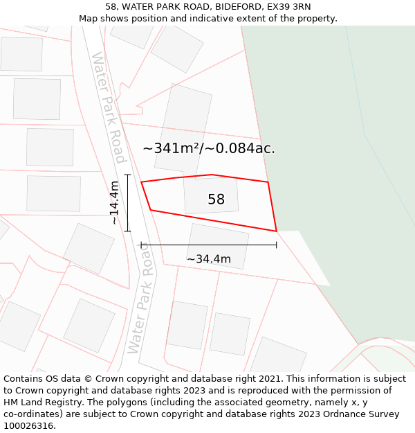 58, WATER PARK ROAD, BIDEFORD, EX39 3RN: Plot and title map