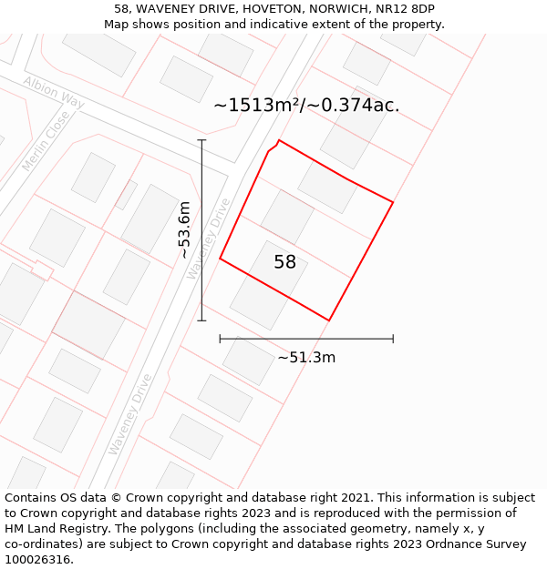 58, WAVENEY DRIVE, HOVETON, NORWICH, NR12 8DP: Plot and title map