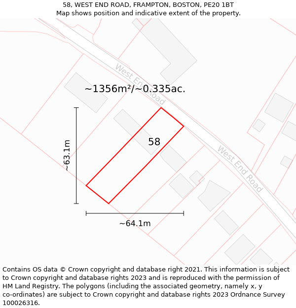 58, WEST END ROAD, FRAMPTON, BOSTON, PE20 1BT: Plot and title map