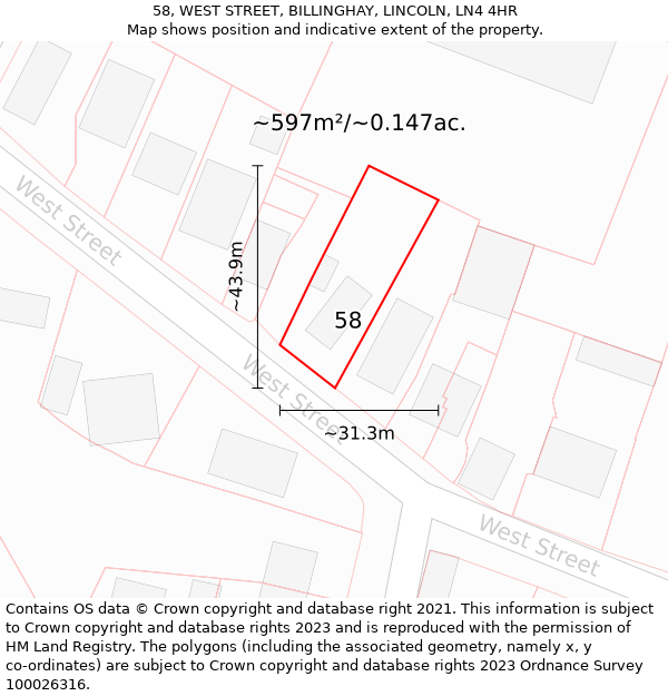 58, WEST STREET, BILLINGHAY, LINCOLN, LN4 4HR: Plot and title map