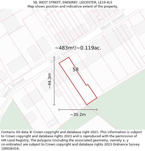 58, WEST STREET, ENDERBY, LEICESTER, LE19 4LS: Plot and title map