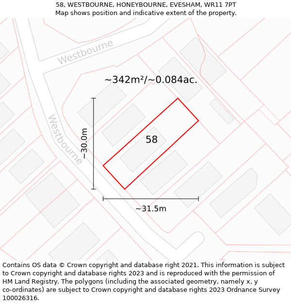 58, WESTBOURNE, HONEYBOURNE, EVESHAM, WR11 7PT: Plot and title map