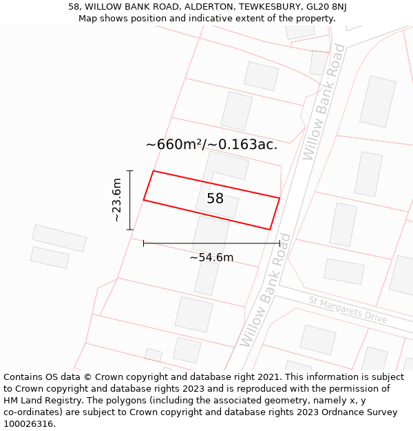 58, WILLOW BANK ROAD, ALDERTON, TEWKESBURY, GL20 8NJ: Plot and title map