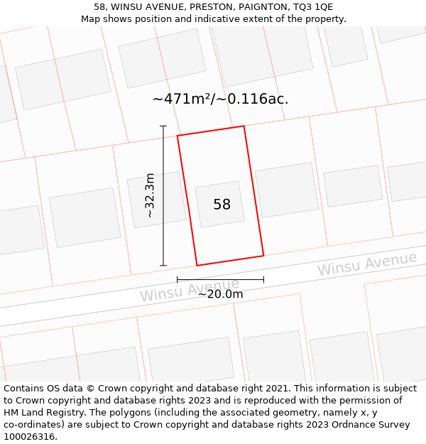 58, WINSU AVENUE, PRESTON, PAIGNTON, TQ3 1QE: Plot and title map