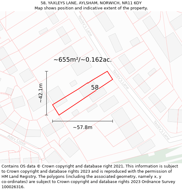 58, YAXLEYS LANE, AYLSHAM, NORWICH, NR11 6DY: Plot and title map