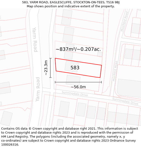 583, YARM ROAD, EAGLESCLIFFE, STOCKTON-ON-TEES, TS16 9BJ: Plot and title map