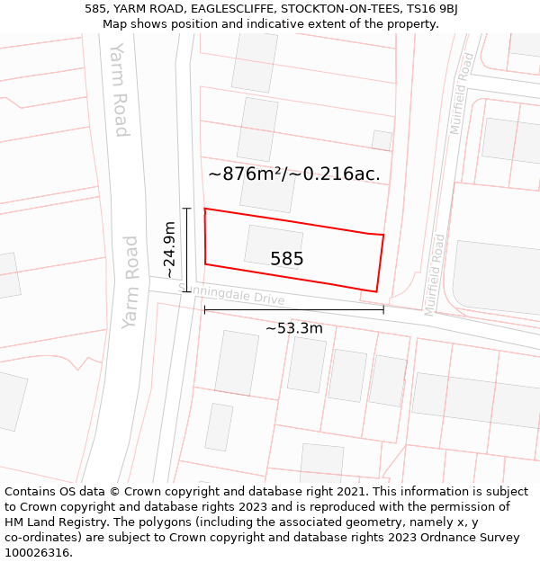 585, YARM ROAD, EAGLESCLIFFE, STOCKTON-ON-TEES, TS16 9BJ: Plot and title map