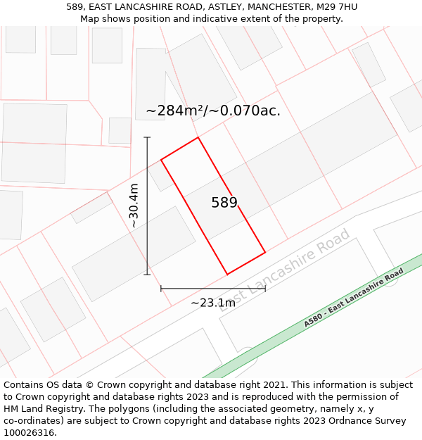 589, EAST LANCASHIRE ROAD, ASTLEY, MANCHESTER, M29 7HU: Plot and title map