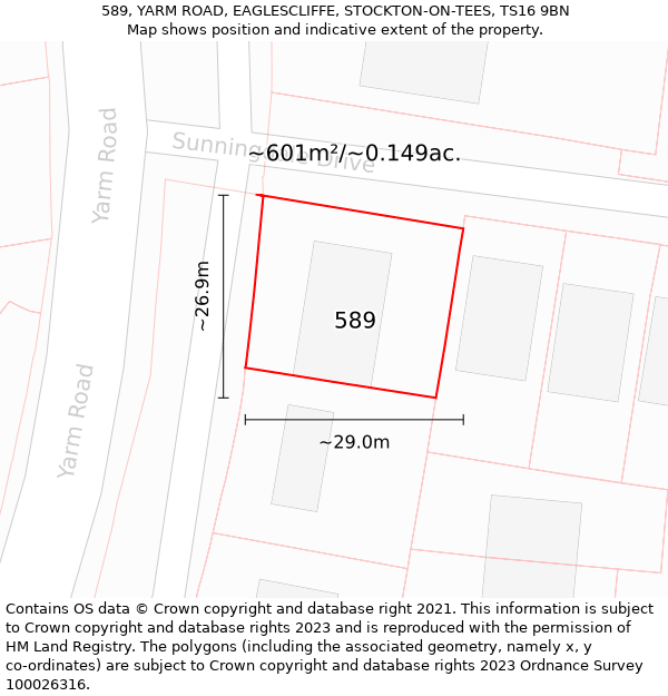 589, YARM ROAD, EAGLESCLIFFE, STOCKTON-ON-TEES, TS16 9BN: Plot and title map