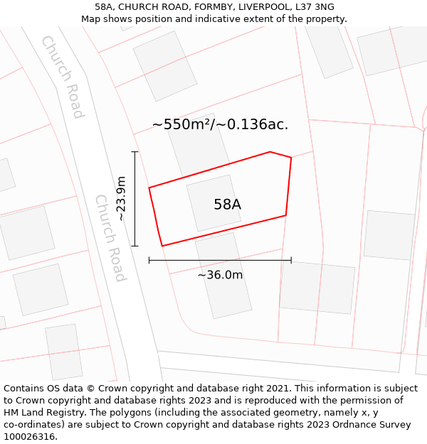 58A, CHURCH ROAD, FORMBY, LIVERPOOL, L37 3NG: Plot and title map