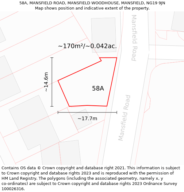 58A, MANSFIELD ROAD, MANSFIELD WOODHOUSE, MANSFIELD, NG19 9JN: Plot and title map