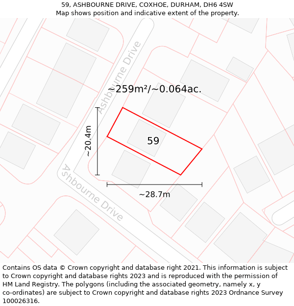 59, ASHBOURNE DRIVE, COXHOE, DURHAM, DH6 4SW: Plot and title map