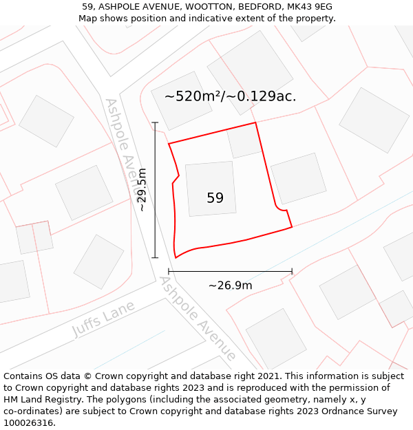 59, ASHPOLE AVENUE, WOOTTON, BEDFORD, MK43 9EG: Plot and title map