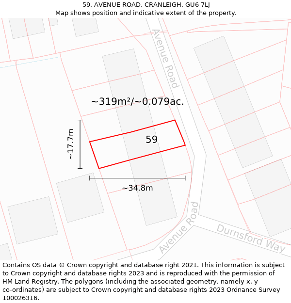 59, AVENUE ROAD, CRANLEIGH, GU6 7LJ: Plot and title map