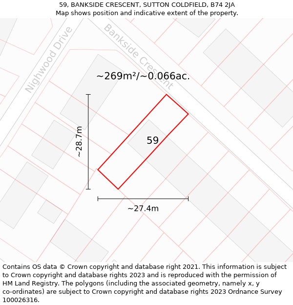 59, BANKSIDE CRESCENT, SUTTON COLDFIELD, B74 2JA: Plot and title map