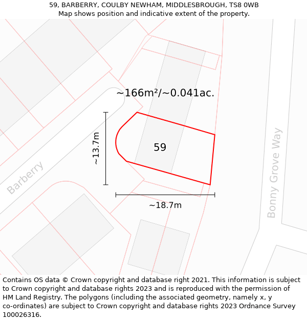 59, BARBERRY, COULBY NEWHAM, MIDDLESBROUGH, TS8 0WB: Plot and title map