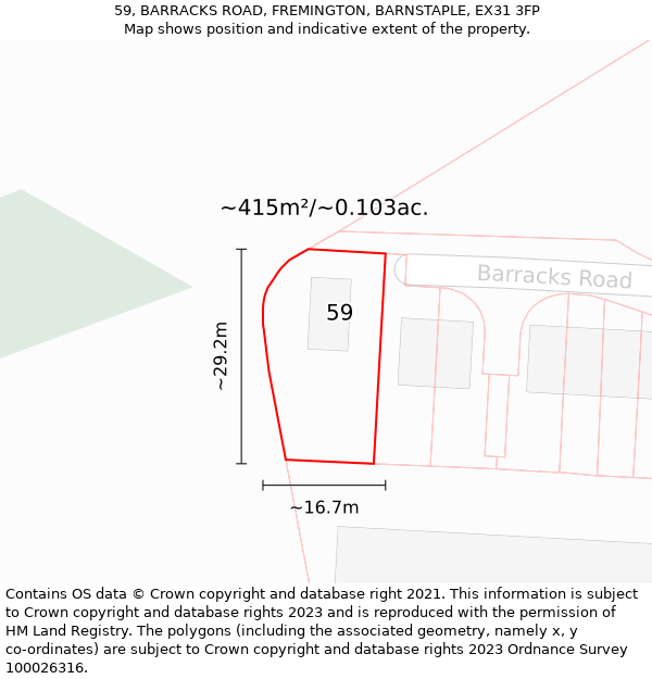 59, BARRACKS ROAD, FREMINGTON, BARNSTAPLE, EX31 3FP: Plot and title map