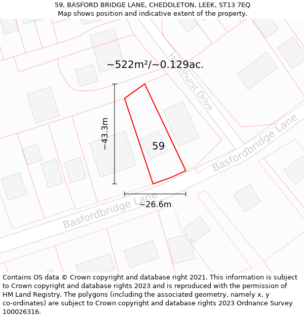 59, BASFORD BRIDGE LANE, CHEDDLETON, LEEK, ST13 7EQ: Plot and title map