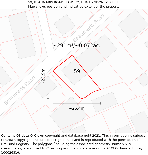 59, BEAUMARIS ROAD, SAWTRY, HUNTINGDON, PE28 5SF: Plot and title map