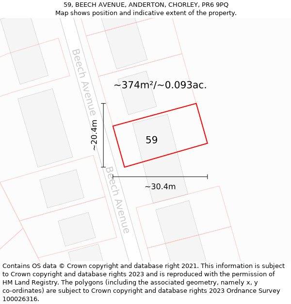 59, BEECH AVENUE, ANDERTON, CHORLEY, PR6 9PQ: Plot and title map