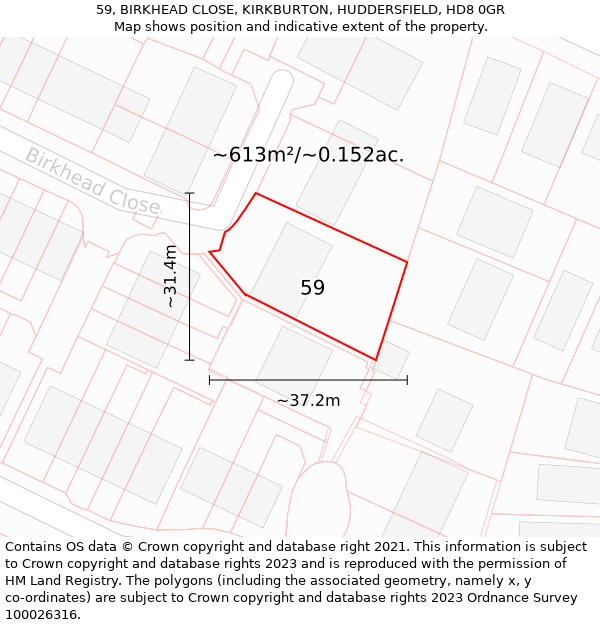 59, BIRKHEAD CLOSE, KIRKBURTON, HUDDERSFIELD, HD8 0GR: Plot and title map