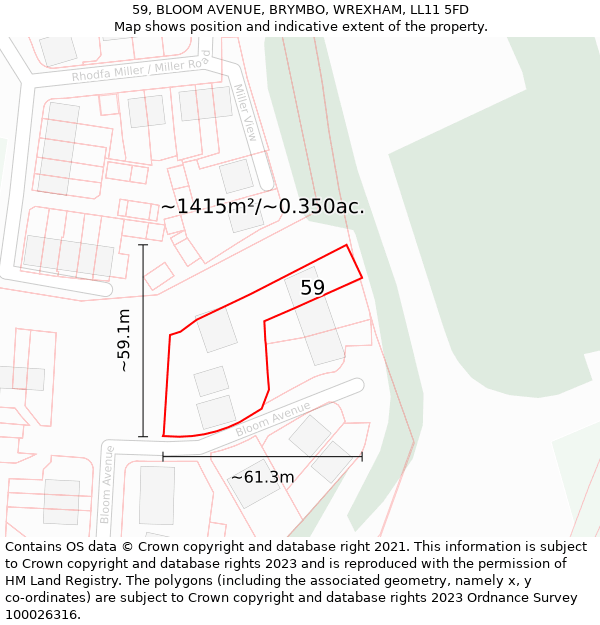 59, BLOOM AVENUE, BRYMBO, WREXHAM, LL11 5FD: Plot and title map