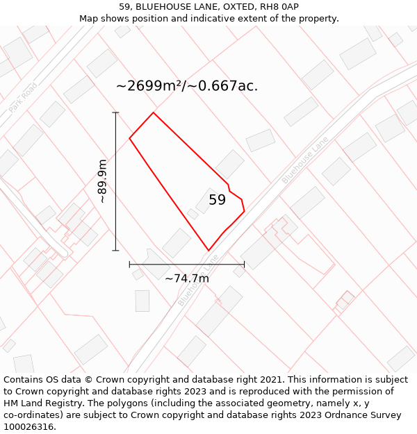 59, BLUEHOUSE LANE, OXTED, RH8 0AP: Plot and title map