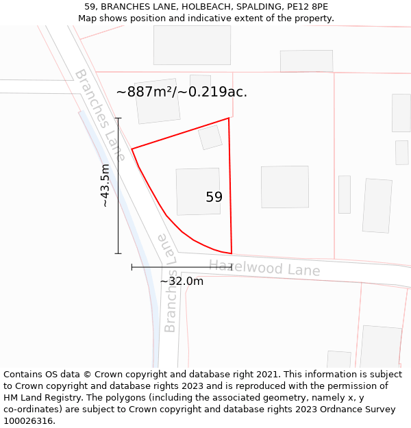 59, BRANCHES LANE, HOLBEACH, SPALDING, PE12 8PE: Plot and title map