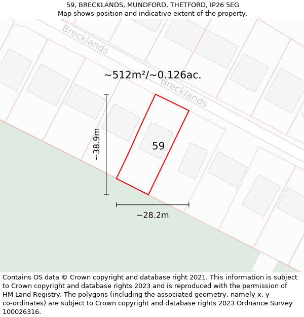 59, BRECKLANDS, MUNDFORD, THETFORD, IP26 5EG: Plot and title map