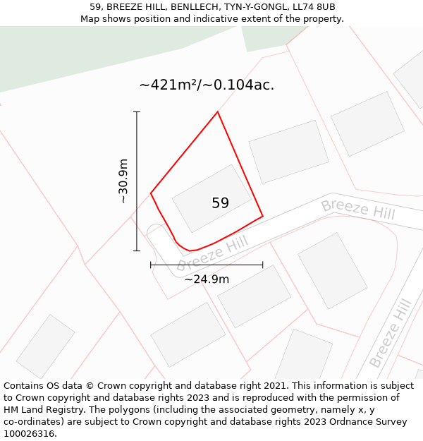 59, BREEZE HILL, BENLLECH, TYN-Y-GONGL, LL74 8UB: Plot and title map