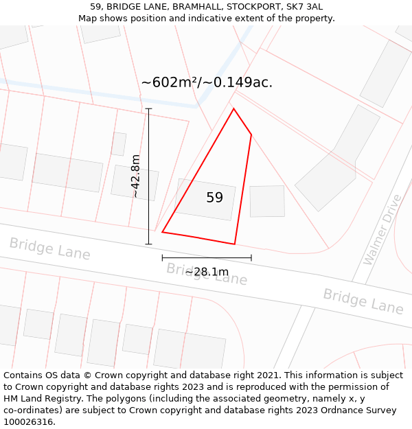 59, BRIDGE LANE, BRAMHALL, STOCKPORT, SK7 3AL: Plot and title map